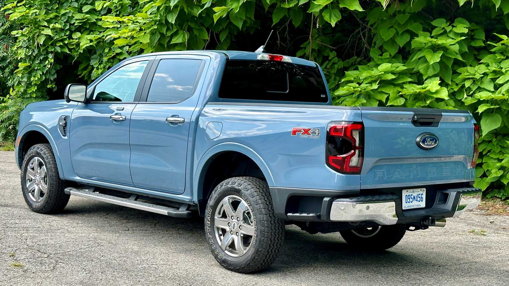 A rear three-quarter view 2024 Ford Ranger