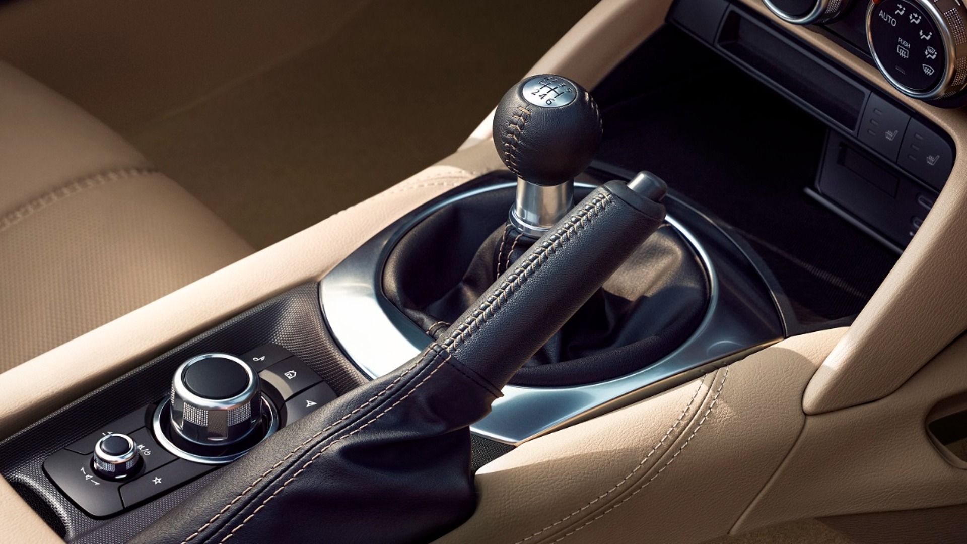 2025 Mazda MX-5 Miata Beige Interior Center Console and Manual Shifter