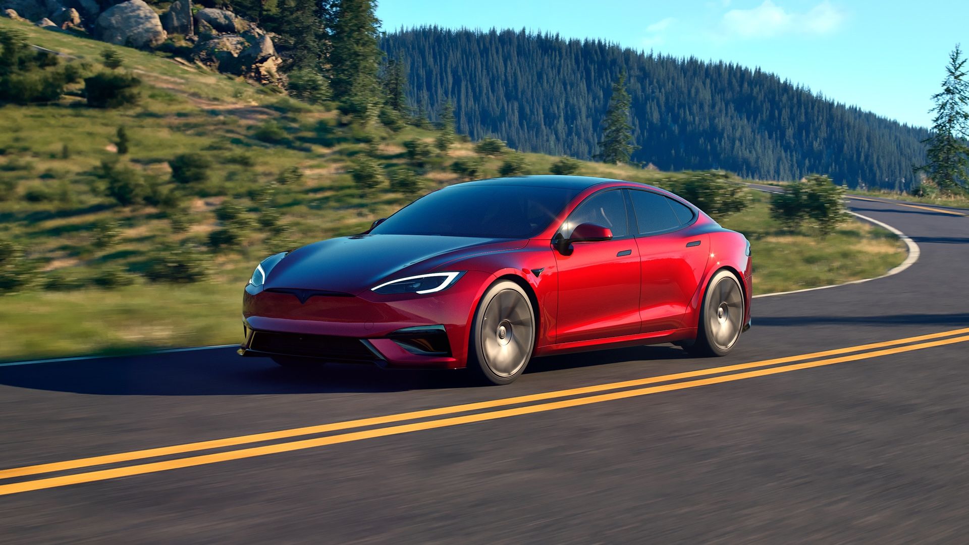 2025 Tesla Model S front 3/4 red