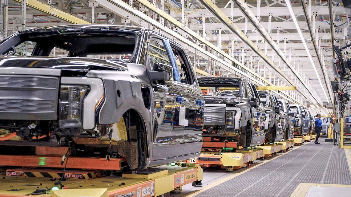 Ford F-150 Lightnings on an Assembly Line